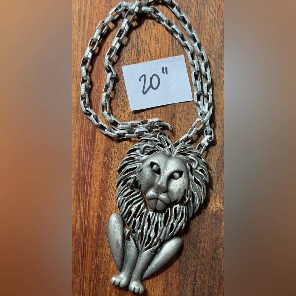 Vintage Silver Tone Lion Large Pendant Necklace Statement